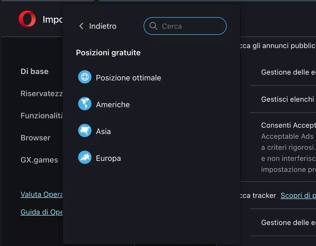 Opera VPN attiva